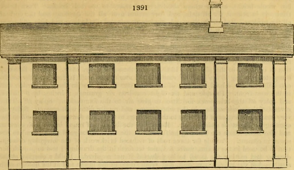 An illustration from An encyclopædia of cottage, farm, and villa architecture and furniture : containing numerous designs for dwellings from the cottage to the villa including farm houses, farmeries, and other agricultural buildings, several designs for country inns, public houses, and parochial schools, with the requisite fittings-up fixtures and furniture ; and appropriate offices, gardens and garden scenery ; each design accompanied by analytical and critical marks illustrative of the principles of archtiectural science and taste on whihc it is composed, 1836, leaf 768