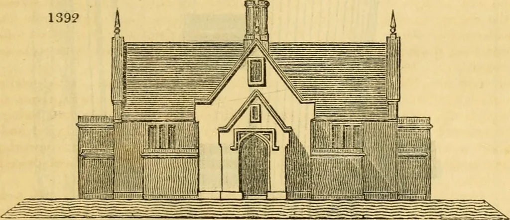 An illustration from An encyclopædia of cottage, farm, and villa architecture and furniture : containing numerous designs for dwellings from the cottage to the villa including farm houses, farmeries, and other agricultural buildings, several designs for country inns, public houses, and parochial schools, with the requisite fittings-up fixtures and furniture ; and appropriate offices, gardens and garden scenery ; each design accompanied by analytical and critical marks illustrative of the principles of archtiectural science and taste on whihc it is composed, 1836, leaf 774