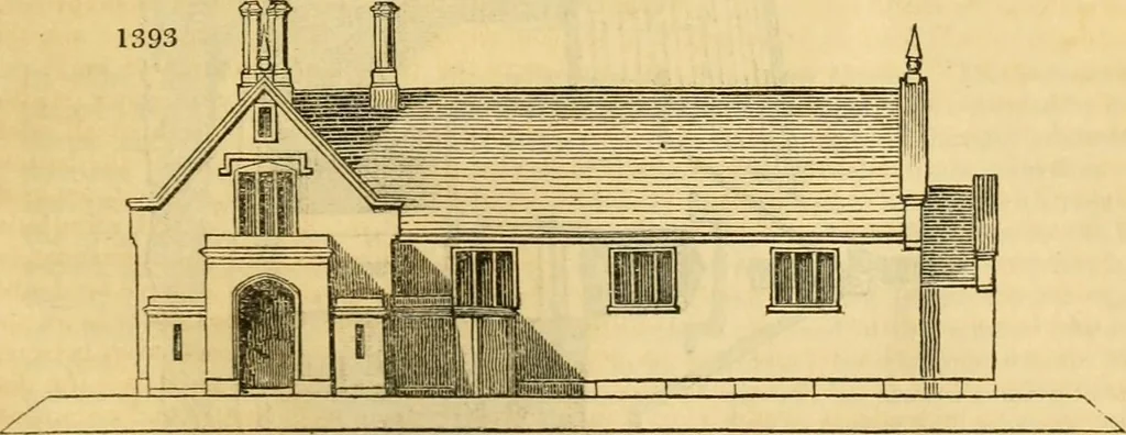 An illustration from An encyclopædia of cottage, farm, and villa architecture and furniture : containing numerous designs for dwellings from the cottage to the villa including farm houses, farmeries, and other agricultural buildings, several designs for country inns, public houses, and parochial schools, with the requisite fittings-up fixtures and furniture ; and appropriate offices, gardens and garden scenery ; each design accompanied by analytical and critical marks illustrative of the principles of archtiectural science and taste on whihc it is composed, 1836, leaf 774