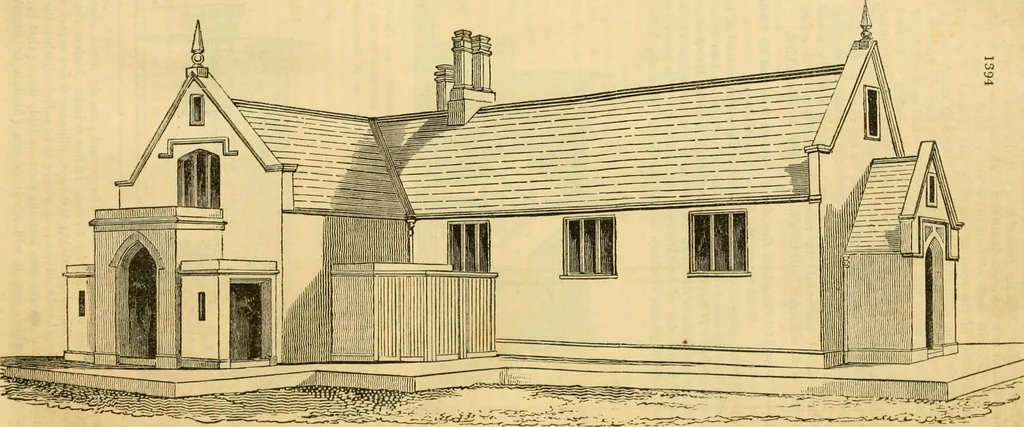 An illustration from An encyclopædia of cottage, farm, and villa architecture and furniture : containing numerous designs for dwellings from the cottage to the villa including farm houses, farmeries, and other agricultural buildings, several designs for country inns, public houses, and parochial schools, with the requisite fittings-up fixtures and furniture ; and appropriate offices, gardens and garden scenery ; each design accompanied by analytical and critical marks illustrative of the principles of archtiectural science and taste on whihc it is composed, 1836, leaf 775
