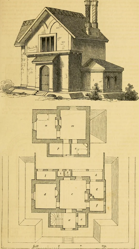 An illustration from An encyclopædia of cottage, farm, and villa architecture and furniture : containing numerous designs for dwellings from the cottage to the villa including farm houses, farmeries, and other agricultural buildings, several designs for country inns, public houses, and parochial schools, with the requisite fittings-up fixtures and furniture ; and appropriate offices, gardens and garden scenery ; each design accompanied by analytical and critical marks illustrative of the principles of archtiectural science and taste on whihc it is composed, 1836, leaf 78