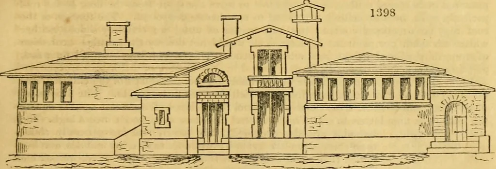 An illustration from An encyclopædia of cottage, farm, and villa architecture and furniture : containing numerous designs for dwellings from the cottage to the villa including farm houses, farmeries, and other agricultural buildings, several designs for country inns, public houses, and parochial schools, with the requisite fittings-up fixtures and furniture ; and appropriate offices, gardens and garden scenery ; each design accompanied by analytical and critical marks illustrative of the principles of archtiectural science and taste on whihc it is composed, 1836, leaf 780