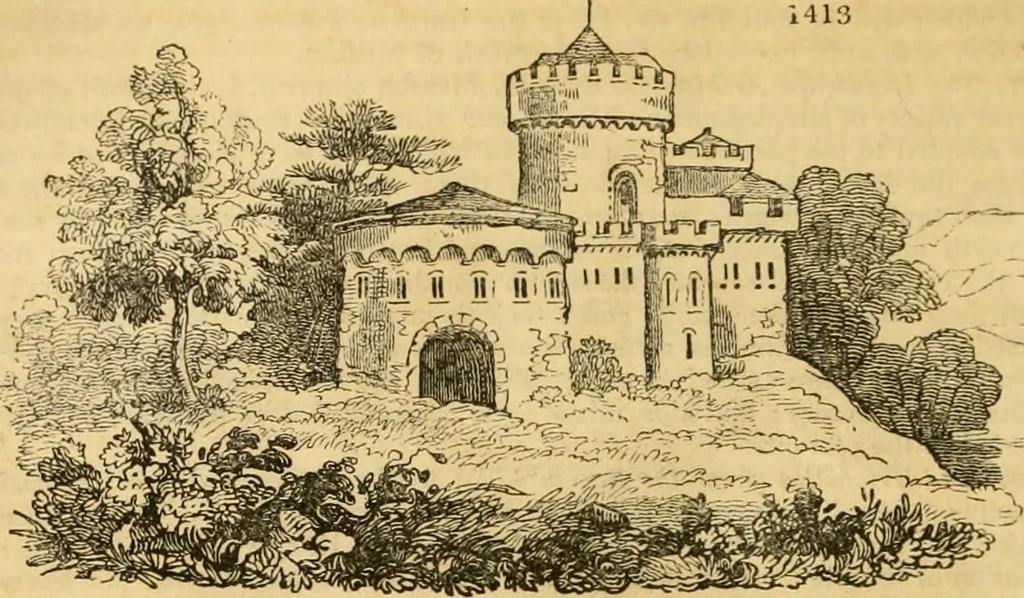 An illustration from An encyclopædia of cottage, farm, and villa architecture and furniture : containing numerous designs for dwellings from the cottage to the villa including farm houses, farmeries, and other agricultural buildings, several designs for country inns, public houses, and parochial schools, with the requisite fittings-up fixtures and furniture ; and appropriate offices, gardens and garden scenery ; each design accompanied by analytical and critical marks illustrative of the principles of archtiectural science and taste on whihc it is composed, 1836, leaf 799