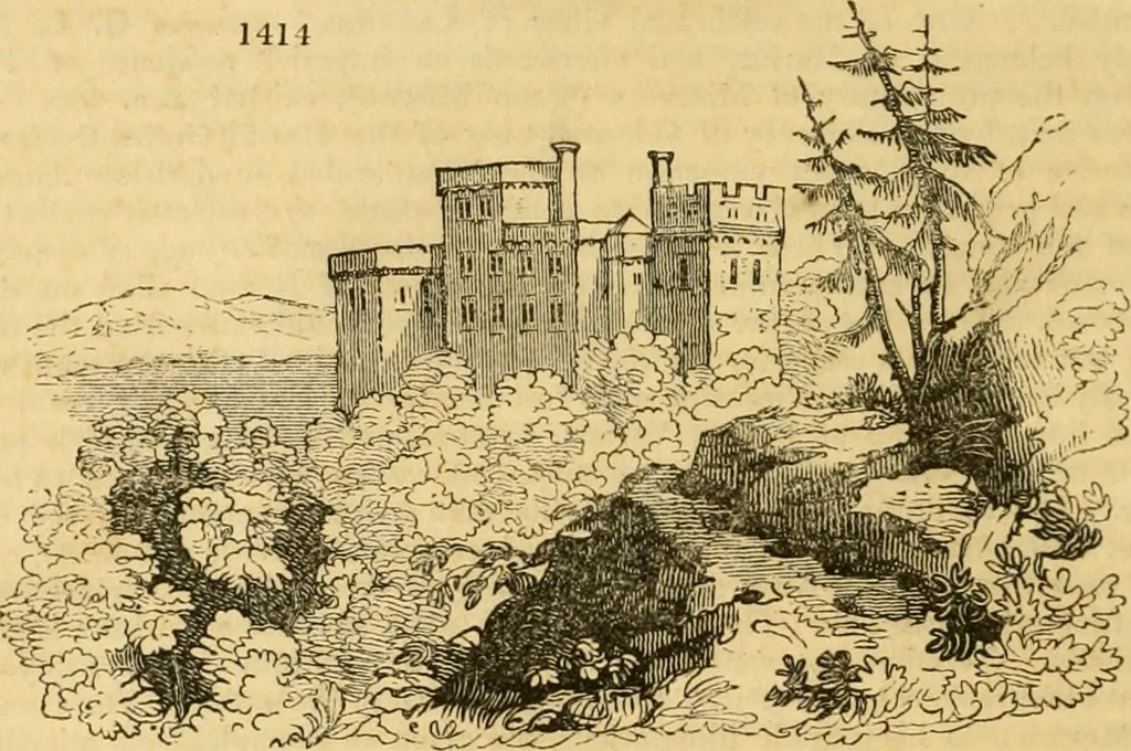An illustration from An encyclopædia of cottage, farm, and villa architecture and furniture : containing numerous designs for dwellings from the cottage to the villa including farm houses, farmeries, and other agricultural buildings, several designs for country inns, public houses, and parochial schools, with the requisite fittings-up fixtures and furniture ; and appropriate offices, gardens and garden scenery ; each design accompanied by analytical and critical marks illustrative of the principles of archtiectural science and taste on whihc it is composed, 1836, leaf 799