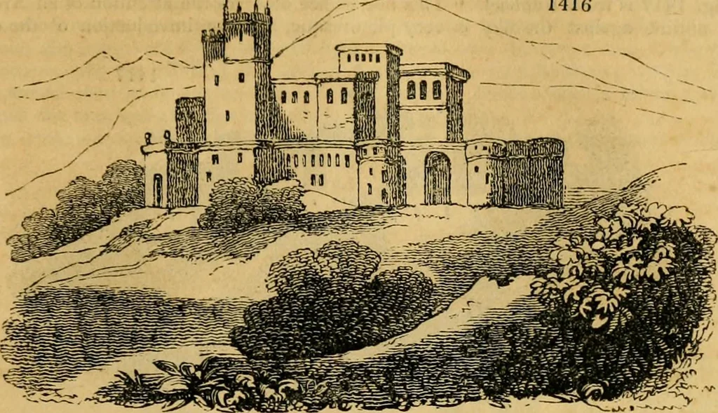 An illustration from An encyclopædia of cottage, farm, and villa architecture and furniture : containing numerous designs for dwellings from the cottage to the villa including farm houses, farmeries, and other agricultural buildings, several designs for country inns, public houses, and parochial schools, with the requisite fittings-up fixtures and furniture ; and appropriate offices, gardens and garden scenery ; each design accompanied by analytical and critical marks illustrative of the principles of archtiectural science and taste on whihc it is composed, 1836, leaf 800