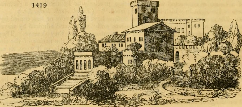 An illustration from An encyclopædia of cottage, farm, and villa architecture and furniture : containing numerous designs for dwellings from the cottage to the villa including farm houses, farmeries, and other agricultural buildings, several designs for country inns, public houses, and parochial schools, with the requisite fittings-up fixtures and furniture ; and appropriate offices, gardens and garden scenery ; each design accompanied by analytical and critical marks illustrative of the principles of archtiectural science and taste on whihc it is composed, 1836, leaf 801
