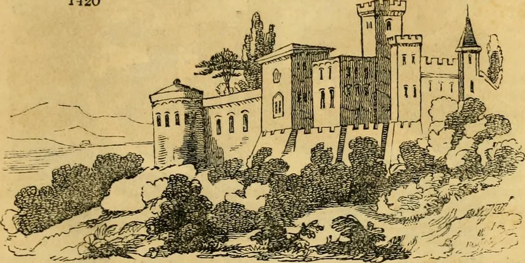 An illustration from An encyclopædia of cottage, farm, and villa architecture and furniture : containing numerous designs for dwellings from the cottage to the villa including farm houses, farmeries, and other agricultural buildings, several designs for country inns, public houses, and parochial schools, with the requisite fittings-up fixtures and furniture ; and appropriate offices, gardens and garden scenery ; each design accompanied by analytical and critical marks illustrative of the principles of archtiectural science and taste on whihc it is composed, 1836, leaf 802