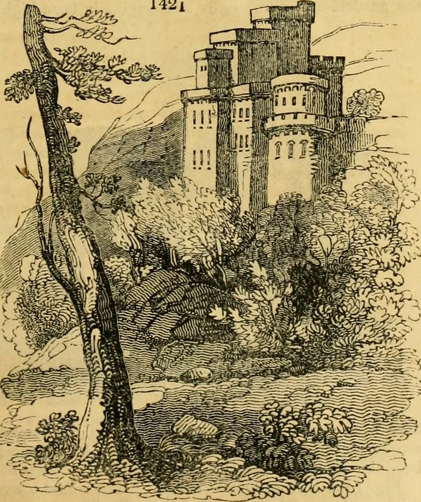 An illustration from An encyclopædia of cottage, farm, and villa architecture and furniture : containing numerous designs for dwellings from the cottage to the villa including farm houses, farmeries, and other agricultural buildings, several designs for country inns, public houses, and parochial schools, with the requisite fittings-up fixtures and furniture ; and appropriate offices, gardens and garden scenery ; each design accompanied by analytical and critical marks illustrative of the principles of archtiectural science and taste on whihc it is composed, 1836, leaf 802