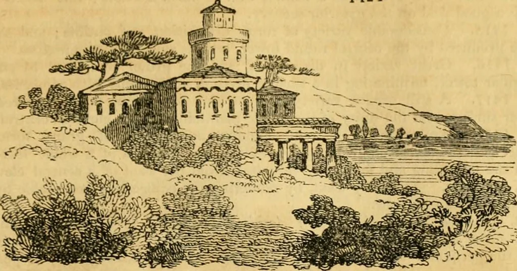 An illustration from An encyclopædia of cottage, farm, and villa architecture and furniture : containing numerous designs for dwellings from the cottage to the villa including farm houses, farmeries, and other agricultural buildings, several designs for country inns, public houses, and parochial schools, with the requisite fittings-up fixtures and furniture ; and appropriate offices, gardens and garden scenery ; each design accompanied by analytical and critical marks illustrative of the principles of archtiectural science and taste on whihc it is composed, 1836, leaf 804