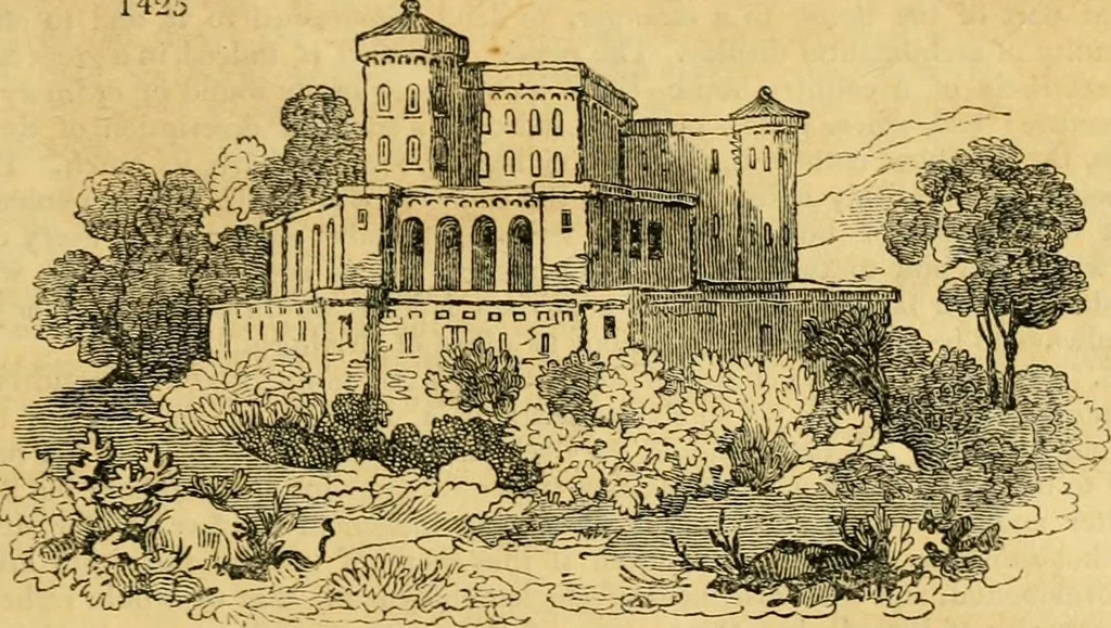 An illustration from An encyclopædia of cottage, farm, and villa architecture and furniture : containing numerous designs for dwellings from the cottage to the villa including farm houses, farmeries, and other agricultural buildings, several designs for country inns, public houses, and parochial schools, with the requisite fittings-up fixtures and furniture ; and appropriate offices, gardens and garden scenery ; each design accompanied by analytical and critical marks illustrative of the principles of archtiectural science and taste on whihc it is composed, 1836, leaf 804