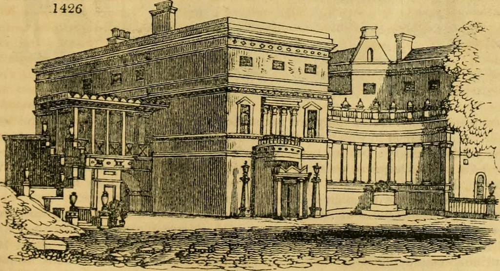 An illustration from An encyclopædia of cottage, farm, and villa architecture and furniture : containing numerous designs for dwellings from the cottage to the villa including farm houses, farmeries, and other agricultural buildings, several designs for country inns, public houses, and parochial schools, with the requisite fittings-up fixtures and furniture ; and appropriate offices, gardens and garden scenery ; each design accompanied by analytical and critical marks illustrative of the principles of archtiectural science and taste on whihc it is composed, 1836, leaf 806
