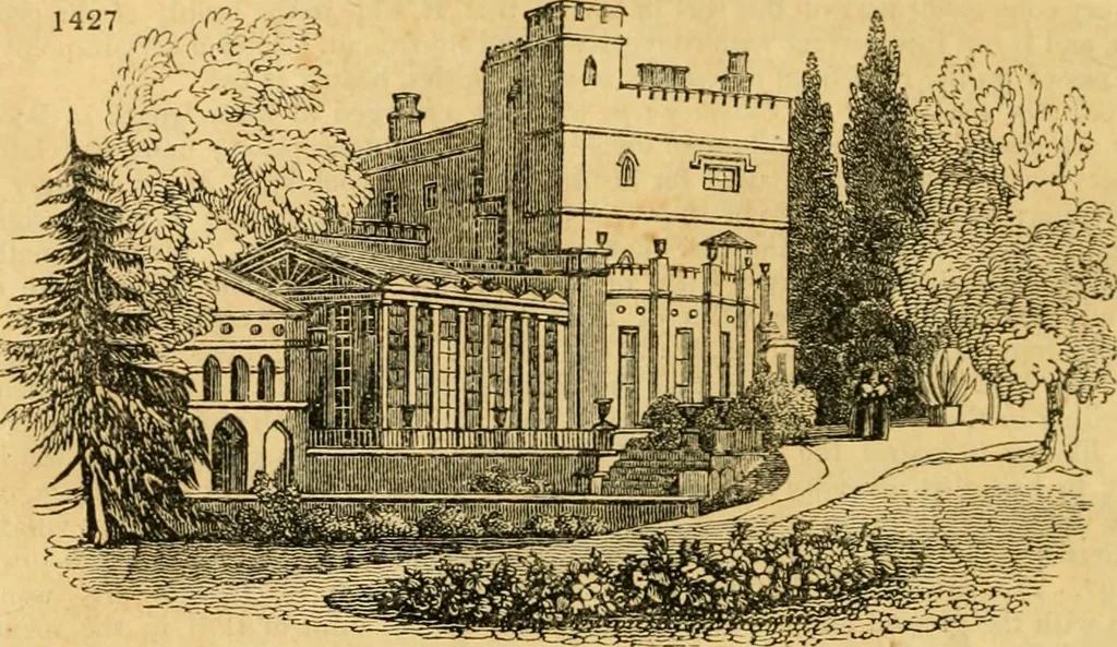 An illustration from An encyclopædia of cottage, farm, and villa architecture and furniture : containing numerous designs for dwellings from the cottage to the villa including farm houses, farmeries, and other agricultural buildings, several designs for country inns, public houses, and parochial schools, with the requisite fittings-up fixtures and furniture ; and appropriate offices, gardens and garden scenery ; each design accompanied by analytical and critical marks illustrative of the principles of archtiectural science and taste on whihc it is composed, 1836, leaf 807