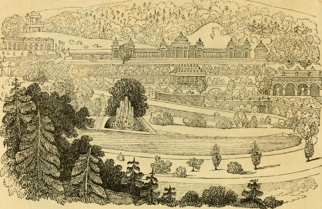 An illustration from An encyclopædia of cottage, farm, and villa architecture and furniture : containing numerous designs for dwellings from the cottage to the villa including farm houses, farmeries, and other agricultural buildings, several designs for country inns, public houses, and parochial schools, with the requisite fittings-up fixtures and furniture ; and appropriate offices, gardens and garden scenery ; each design accompanied by analytical and critical marks illustrative of the principles of archtiectural science and taste on whihc it is composed, 1836, leaf 809