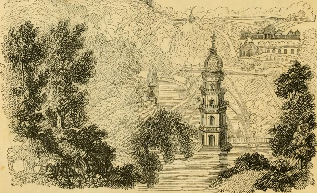 An illustration from An encyclopædia of cottage, farm, and villa architecture and furniture : containing numerous designs for dwellings from the cottage to the villa including farm houses, farmeries, and other agricultural buildings, several designs for country inns, public houses, and parochial schools, with the requisite fittings-up fixtures and furniture ; and appropriate offices, gardens and garden scenery ; each design accompanied by analytical and critical marks illustrative of the principles of archtiectural science and taste on whihc it is composed, 1836, leaf 809