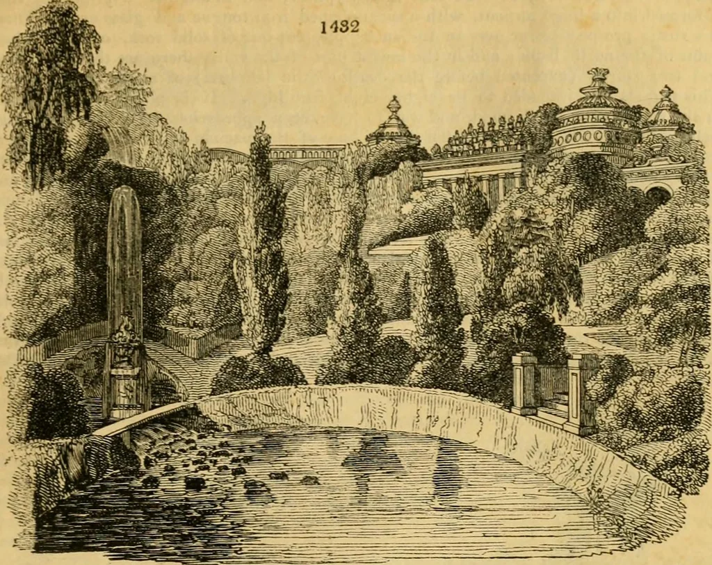 An illustration from An encyclopædia of cottage, farm, and villa architecture and furniture : containing numerous designs for dwellings from the cottage to the villa including farm houses, farmeries, and other agricultural buildings, several designs for country inns, public houses, and parochial schools, with the requisite fittings-up fixtures and furniture ; and appropriate offices, gardens and garden scenery ; each design accompanied by analytical and critical marks illustrative of the principles of archtiectural science and taste on whihc it is composed, 1836, leaf 810