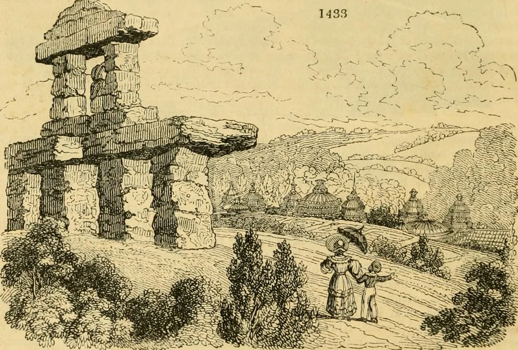 An illustration from An encyclopædia of cottage, farm, and villa architecture and furniture : containing numerous designs for dwellings from the cottage to the villa including farm houses, farmeries, and other agricultural buildings, several designs for country inns, public houses, and parochial schools, with the requisite fittings-up fixtures and furniture ; and appropriate offices, gardens and garden scenery ; each design accompanied by analytical and critical marks illustrative of the principles of archtiectural science and taste on whihc it is composed, 1836, leaf 811