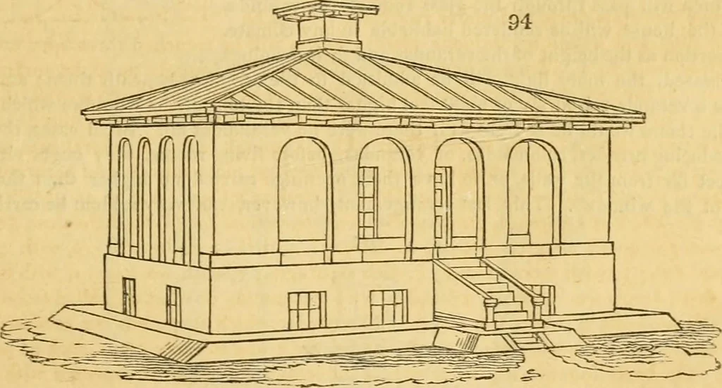 An illustration from An encyclopædia of cottage, farm, and villa architecture and furniture : containing numerous designs for dwellings from the cottage to the villa including farm houses, farmeries, and other agricultural buildings, several designs for country inns, public houses, and parochial schools, with the requisite fittings-up fixtures and furniture ; and appropriate offices, gardens and garden scenery ; each design accompanied by analytical and critical marks illustrative of the principles of archtiectural science and taste on whihc it is composed, 1836, leaf 82