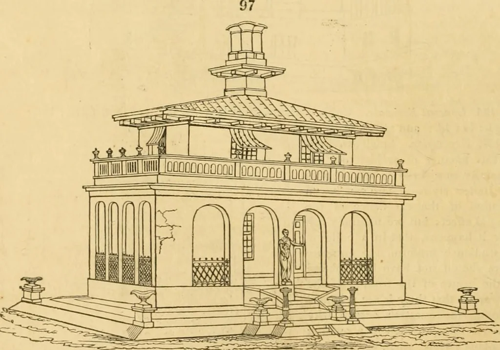 An illustration from An encyclopædia of cottage, farm, and villa architecture and furniture : containing numerous designs for dwellings from the cottage to the villa including farm houses, farmeries, and other agricultural buildings, several designs for country inns, public houses, and parochial schools, with the requisite fittings-up fixtures and furniture ; and appropriate offices, gardens and garden scenery ; each design accompanied by analytical and critical marks illustrative of the principles of archtiectural science and taste on whihc it is composed, 1836, leaf 83