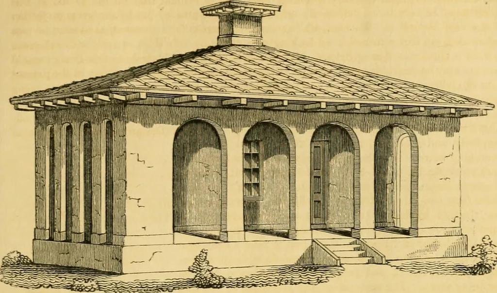 An illustration from An encyclopædia of cottage, farm, and villa architecture and furniture : containing numerous designs for dwellings from the cottage to the villa including farm houses, farmeries, and other agricultural buildings, several designs for country inns, public houses, and parochial schools, with the requisite fittings-up fixtures and furniture ; and appropriate offices, gardens and garden scenery ; each design accompanied by analytical and critical marks illustrative of the principles of archtiectural science and taste on whihc it is composed, 1836, leaf 84