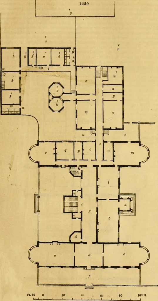 An illustration from An encyclopædia of cottage, farm, and villa architecture and furniture : containing numerous designs for dwellings from the cottage to the villa including farm houses, farmeries, and other agricultural buildings, several designs for country inns, public houses, and parochial schools, with the requisite fittings-up fixtures and furniture ; and appropriate offices, gardens and garden scenery ; each design accompanied by analytical and critical marks illustrative of the principles of archtiectural science and taste on whihc it is composed, 1836, leaf 842