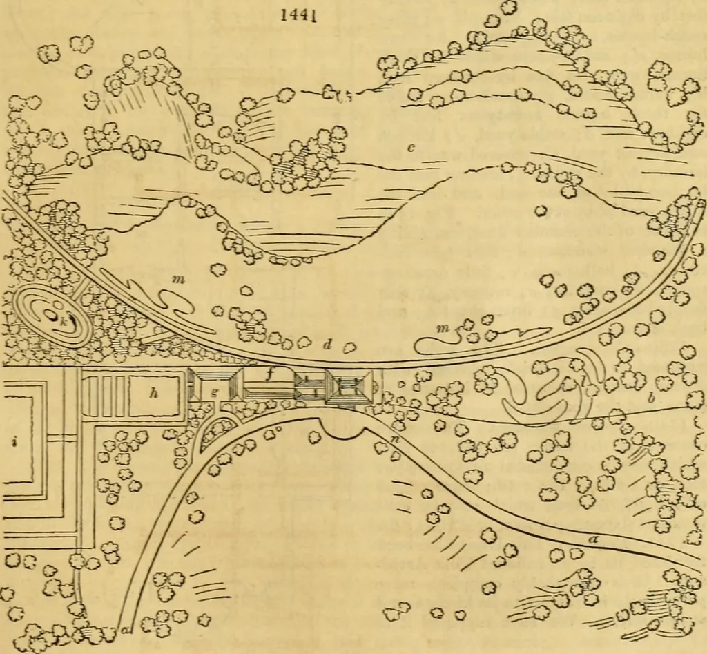 An illustration from An encyclopædia of cottage, farm, and villa architecture and furniture : containing numerous designs for dwellings from the cottage to the villa including farm houses, farmeries, and other agricultural buildings, several designs for country inns, public houses, and parochial schools, with the requisite fittings-up fixtures and furniture ; and appropriate offices, gardens and garden scenery ; each design accompanied by analytical and critical marks illustrative of the principles of archtiectural science and taste on whihc it is composed, 1836, leaf 844