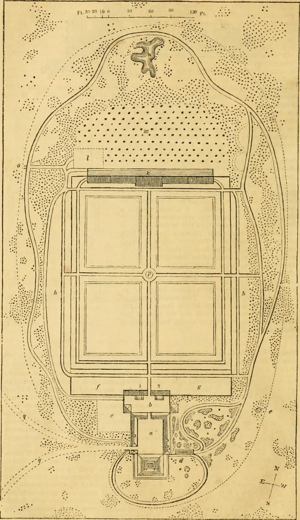 An illustration from An encyclopædia of cottage, farm, and villa architecture and furniture : containing numerous designs for dwellings from the cottage to the villa including farm houses, farmeries, and other agricultural buildings, several designs for country inns, public houses, and parochial schools, with the requisite fittings-up fixtures and furniture ; and appropriate offices, gardens and garden scenery ; each design accompanied by analytical and critical marks illustrative of the principles of archtiectural science and taste on whihc it is composed, 1836, leaf 847