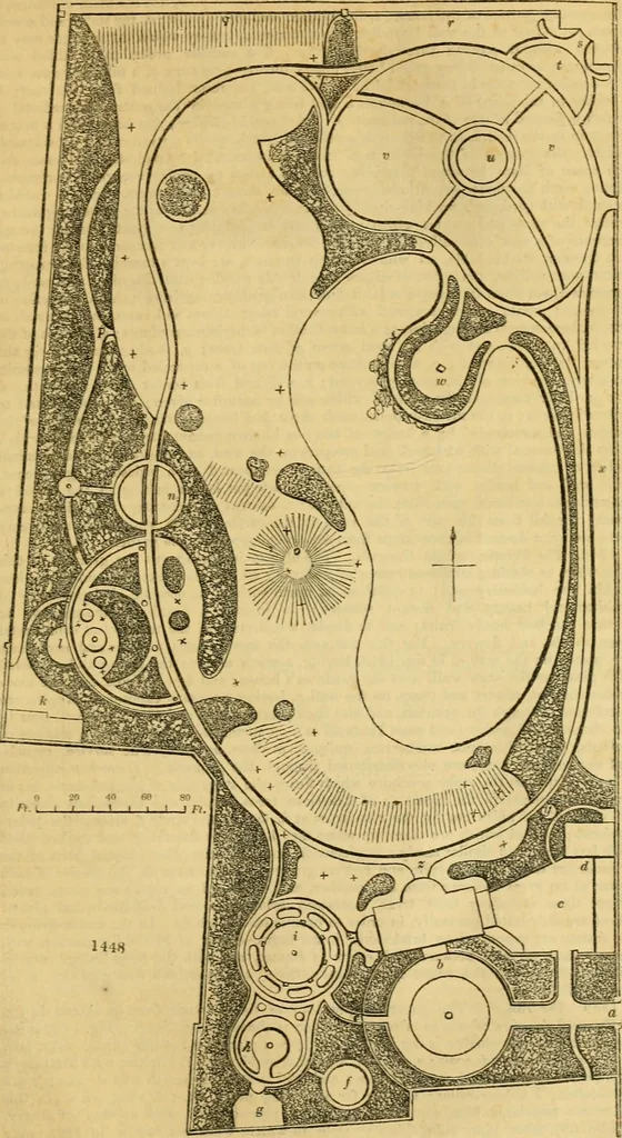 An illustration from An encyclopædia of cottage, farm, and villa architecture and furniture : containing numerous designs for dwellings from the cottage to the villa including farm houses, farmeries, and other agricultural buildings, several designs for country inns, public houses, and parochial schools, with the requisite fittings-up fixtures and furniture ; and appropriate offices, gardens and garden scenery ; each design accompanied by analytical and critical marks illustrative of the principles of archtiectural science and taste on whihc it is composed, 1836, leaf 850