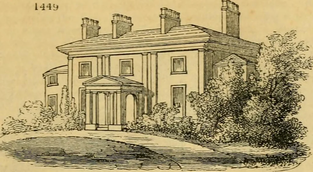 An illustration from An encyclopædia of cottage, farm, and villa architecture and furniture : containing numerous designs for dwellings from the cottage to the villa including farm houses, farmeries, and other agricultural buildings, several designs for country inns, public houses, and parochial schools, with the requisite fittings-up fixtures and furniture ; and appropriate offices, gardens and garden scenery ; each design accompanied by analytical and critical marks illustrative of the principles of archtiectural science and taste on whihc it is composed, 1836, leaf 852