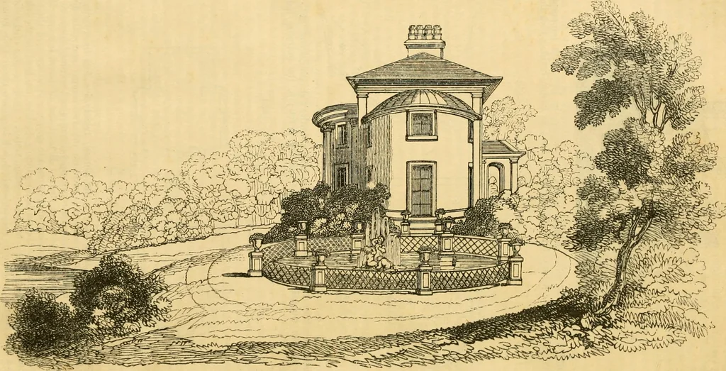 An illustration from An encyclopædia of cottage, farm, and villa architecture and furniture : containing numerous designs for dwellings from the cottage to the villa including farm houses, farmeries, and other agricultural buildings, several designs for country inns, public houses, and parochial schools, with the requisite fittings-up fixtures and furniture ; and appropriate offices, gardens and garden scenery ; each design accompanied by analytical and critical marks illustrative of the principles of archtiectural science and taste on whihc it is composed, 1836, leaf 853