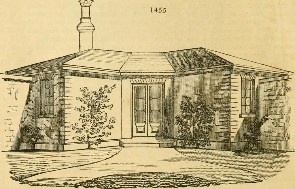 An illustration from An encyclopædia of cottage, farm, and villa architecture and furniture : containing numerous designs for dwellings from the cottage to the villa including farm houses, farmeries, and other agricultural buildings, several designs for country inns, public houses, and parochial schools, with the requisite fittings-up fixtures and furniture ; and appropriate offices, gardens and garden scenery ; each design accompanied by analytical and critical marks illustrative of the principles of archtiectural science and taste on whihc it is composed, 1836, leaf 855