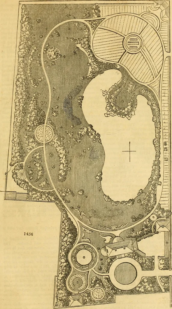 An illustration from An encyclopædia of cottage, farm, and villa architecture and furniture : containing numerous designs for dwellings from the cottage to the villa including farm houses, farmeries, and other agricultural buildings, several designs for country inns, public houses, and parochial schools, with the requisite fittings-up fixtures and furniture ; and appropriate offices, gardens and garden scenery ; each design accompanied by analytical and critical marks illustrative of the principles of archtiectural science and taste on whihc it is composed, 1836, leaf 856