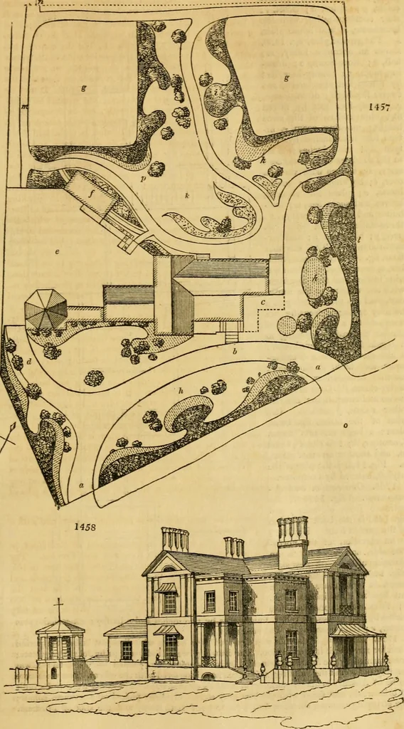 An illustration from An encyclopædia of cottage, farm, and villa architecture and furniture : containing numerous designs for dwellings from the cottage to the villa including farm houses, farmeries, and other agricultural buildings, several designs for country inns, public houses, and parochial schools, with the requisite fittings-up fixtures and furniture ; and appropriate offices, gardens and garden scenery ; each design accompanied by analytical and critical marks illustrative of the principles of archtiectural science and taste on whihc it is composed, 1836, leaf 858