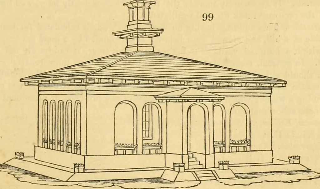 An illustration from An encyclopædia of cottage, farm, and villa architecture and furniture : containing numerous designs for dwellings from the cottage to the villa including farm houses, farmeries, and other agricultural buildings, several designs for country inns, public houses, and parochial schools, with the requisite fittings-up fixtures and furniture ; and appropriate offices, gardens and garden scenery ; each design accompanied by analytical and critical marks illustrative of the principles of archtiectural science and taste on whihc it is composed, 1836, leaf 86