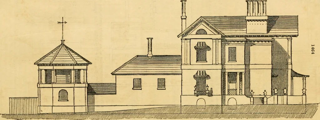 An illustration from An encyclopædia of cottage, farm, and villa architecture and furniture : containing numerous designs for dwellings from the cottage to the villa including farm houses, farmeries, and other agricultural buildings, several designs for country inns, public houses, and parochial schools, with the requisite fittings-up fixtures and furniture ; and appropriate offices, gardens and garden scenery ; each design accompanied by analytical and critical marks illustrative of the principles of archtiectural science and taste on whihc it is composed, 1836, leaf 861