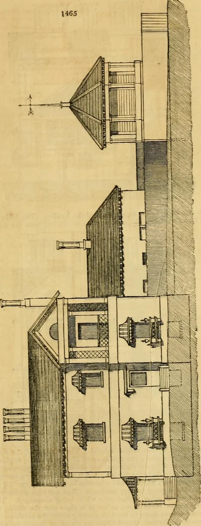 An illustration from An encyclopædia of cottage, farm, and villa architecture and furniture : containing numerous designs for dwellings from the cottage to the villa including farm houses, farmeries, and other agricultural buildings, several designs for country inns, public houses, and parochial schools, with the requisite fittings-up fixtures and furniture ; and appropriate offices, gardens and garden scenery ; each design accompanied by analytical and critical marks illustrative of the principles of archtiectural science and taste on whihc it is composed, 1836, leaf 862