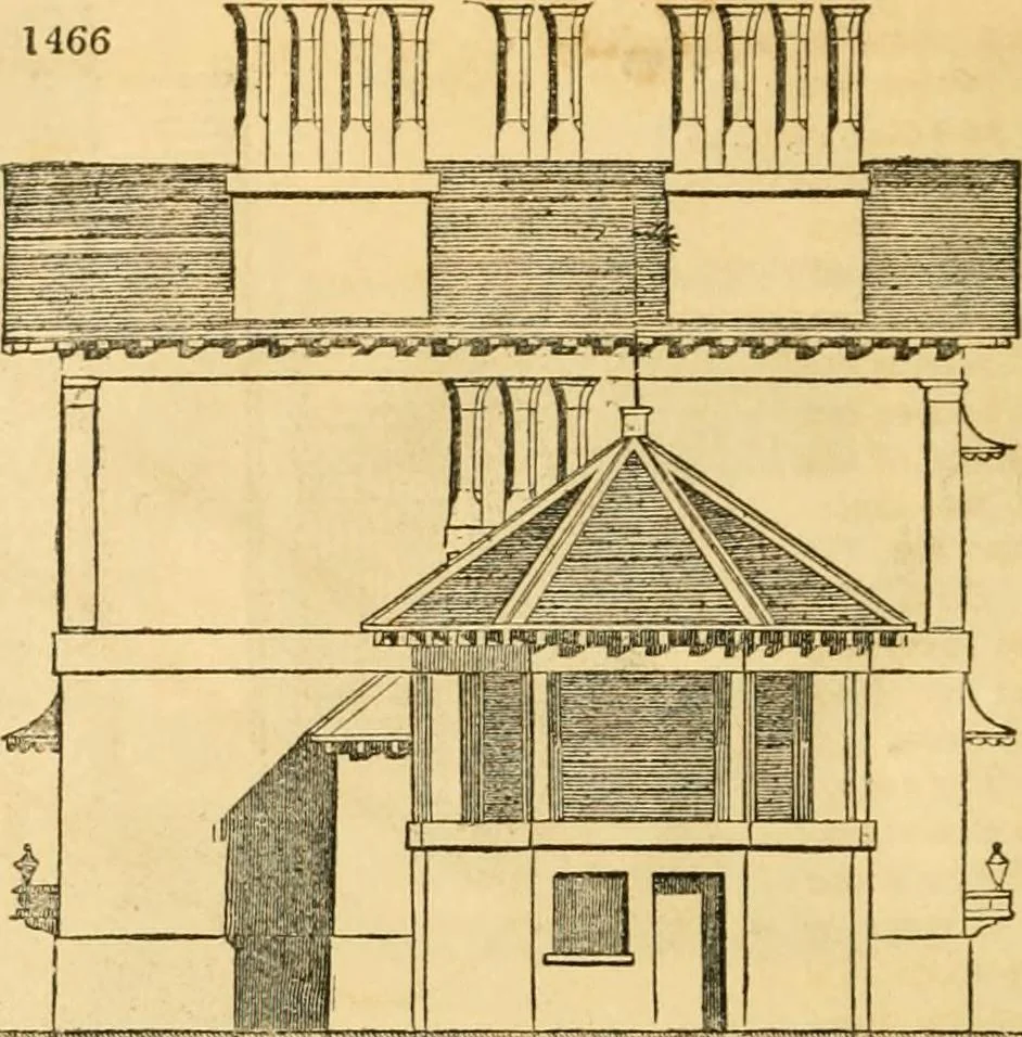 An illustration from An encyclopædia of cottage, farm, and villa architecture and furniture : containing numerous designs for dwellings from the cottage to the villa including farm houses, farmeries, and other agricultural buildings, several designs for country inns, public houses, and parochial schools, with the requisite fittings-up fixtures and furniture ; and appropriate offices, gardens and garden scenery ; each design accompanied by analytical and critical marks illustrative of the principles of archtiectural science and taste on whihc it is composed, 1836, leaf 863
