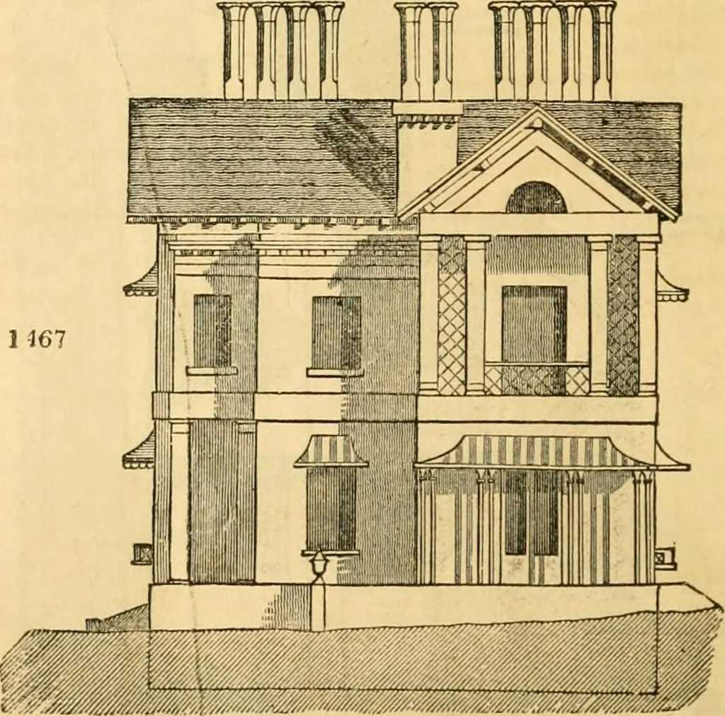An illustration from An encyclopædia of cottage, farm, and villa architecture and furniture : containing numerous designs for dwellings from the cottage to the villa including farm houses, farmeries, and other agricultural buildings, several designs for country inns, public houses, and parochial schools, with the requisite fittings-up fixtures and furniture ; and appropriate offices, gardens and garden scenery ; each design accompanied by analytical and critical marks illustrative of the principles of archtiectural science and taste on whihc it is composed, 1836, leaf 863