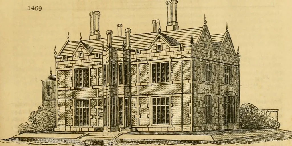 An illustration from An encyclopædia of cottage, farm, and villa architecture and furniture : containing numerous designs for dwellings from the cottage to the villa including farm houses, farmeries, and other agricultural buildings, several designs for country inns, public houses, and parochial schools, with the requisite fittings-up fixtures and furniture ; and appropriate offices, gardens and garden scenery ; each design accompanied by analytical and critical marks illustrative of the principles of archtiectural science and taste on whihc it is composed, 1836, leaf 864