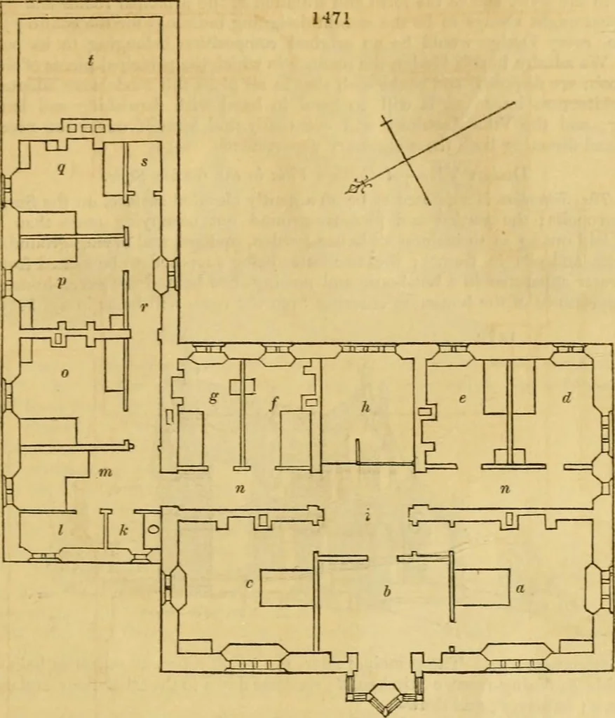An illustration from An encyclopædia of cottage, farm, and villa architecture and furniture : containing numerous designs for dwellings from the cottage to the villa including farm houses, farmeries, and other agricultural buildings, several designs for country inns, public houses, and parochial schools, with the requisite fittings-up fixtures and furniture ; and appropriate offices, gardens and garden scenery ; each design accompanied by analytical and critical marks illustrative of the principles of archtiectural science and taste on whihc it is composed, 1836, leaf 866