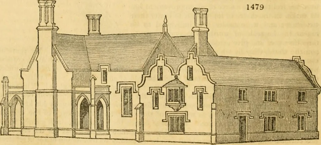 An illustration from An encyclopædia of cottage, farm, and villa architecture and furniture : containing numerous designs for dwellings from the cottage to the villa including farm houses, farmeries, and other agricultural buildings, several designs for country inns, public houses, and parochial schools, with the requisite fittings-up fixtures and furniture ; and appropriate offices, gardens and garden scenery ; each design accompanied by analytical and critical marks illustrative of the principles of archtiectural science and taste on whihc it is composed, 1836, leaf 869
