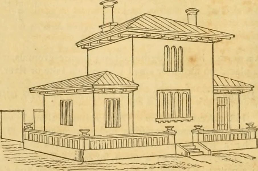 An illustration from An encyclopædia of cottage, farm, and villa architecture and furniture : containing numerous designs for dwellings from the cottage to the villa including farm houses, farmeries, and other agricultural buildings, several designs for country inns, public houses, and parochial schools, with the requisite fittings-up fixtures and furniture ; and appropriate offices, gardens and garden scenery ; each design accompanied by analytical and critical marks illustrative of the principles of archtiectural science and taste on whihc it is composed, 1836, leaf 87