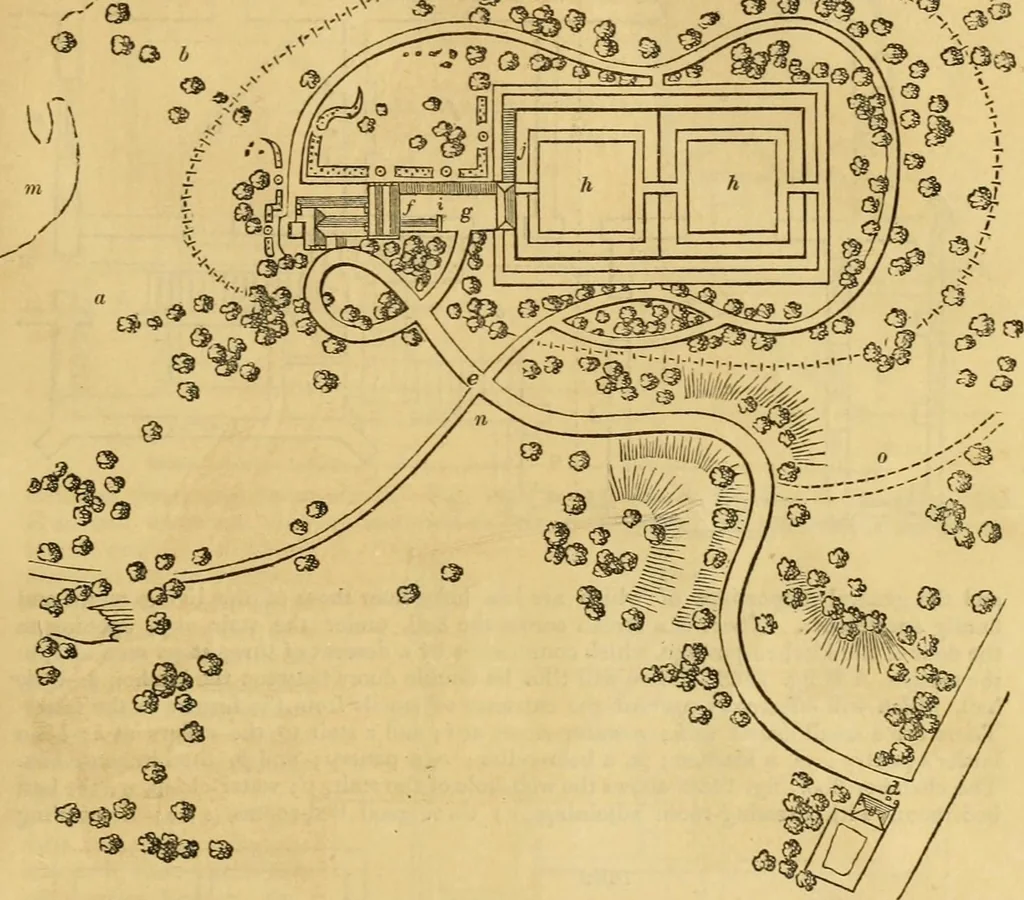 An illustration from An encyclopædia of cottage, farm, and villa architecture and furniture : containing numerous designs for dwellings from the cottage to the villa including farm houses, farmeries, and other agricultural buildings, several designs for country inns, public houses, and parochial schools, with the requisite fittings-up fixtures and furniture ; and appropriate offices, gardens and garden scenery ; each design accompanied by analytical and critical marks illustrative of the principles of archtiectural science and taste on whihc it is composed, 1836, leaf 870