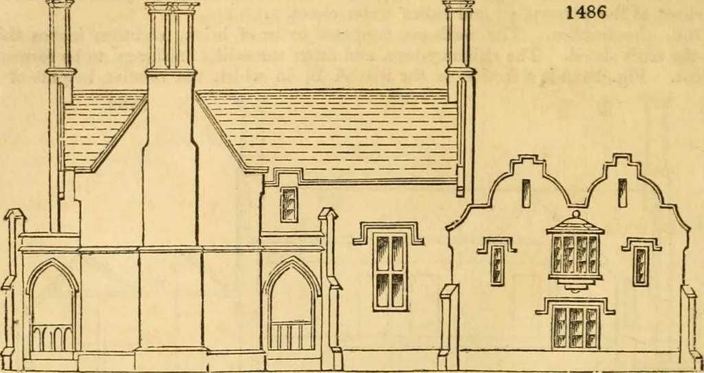 An illustration from An encyclopædia of cottage, farm, and villa architecture and furniture : containing numerous designs for dwellings from the cottage to the villa including farm houses, farmeries, and other agricultural buildings, several designs for country inns, public houses, and parochial schools, with the requisite fittings-up fixtures and furniture ; and appropriate offices, gardens and garden scenery ; each design accompanied by analytical and critical marks illustrative of the principles of archtiectural science and taste on whihc it is composed, 1836, leaf 873