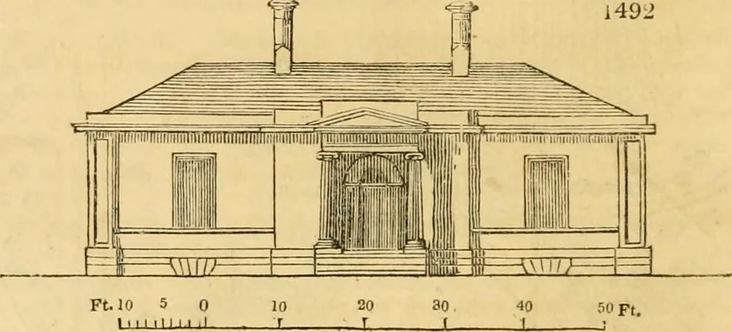 An illustration from An encyclopædia of cottage, farm, and villa architecture and furniture : containing numerous designs for dwellings from the cottage to the villa including farm houses, farmeries, and other agricultural buildings, several designs for country inns, public houses, and parochial schools, with the requisite fittings-up fixtures and furniture ; and appropriate offices, gardens and garden scenery ; each design accompanied by analytical and critical marks illustrative of the principles of archtiectural science and taste on whihc it is composed, 1836, leaf 875