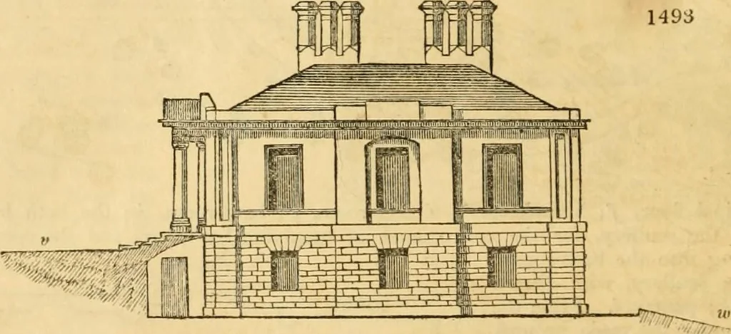 An illustration from An encyclopædia of cottage, farm, and villa architecture and furniture : containing numerous designs for dwellings from the cottage to the villa including farm houses, farmeries, and other agricultural buildings, several designs for country inns, public houses, and parochial schools, with the requisite fittings-up fixtures and furniture ; and appropriate offices, gardens and garden scenery ; each design accompanied by analytical and critical marks illustrative of the principles of archtiectural science and taste on whihc it is composed, 1836, leaf 875