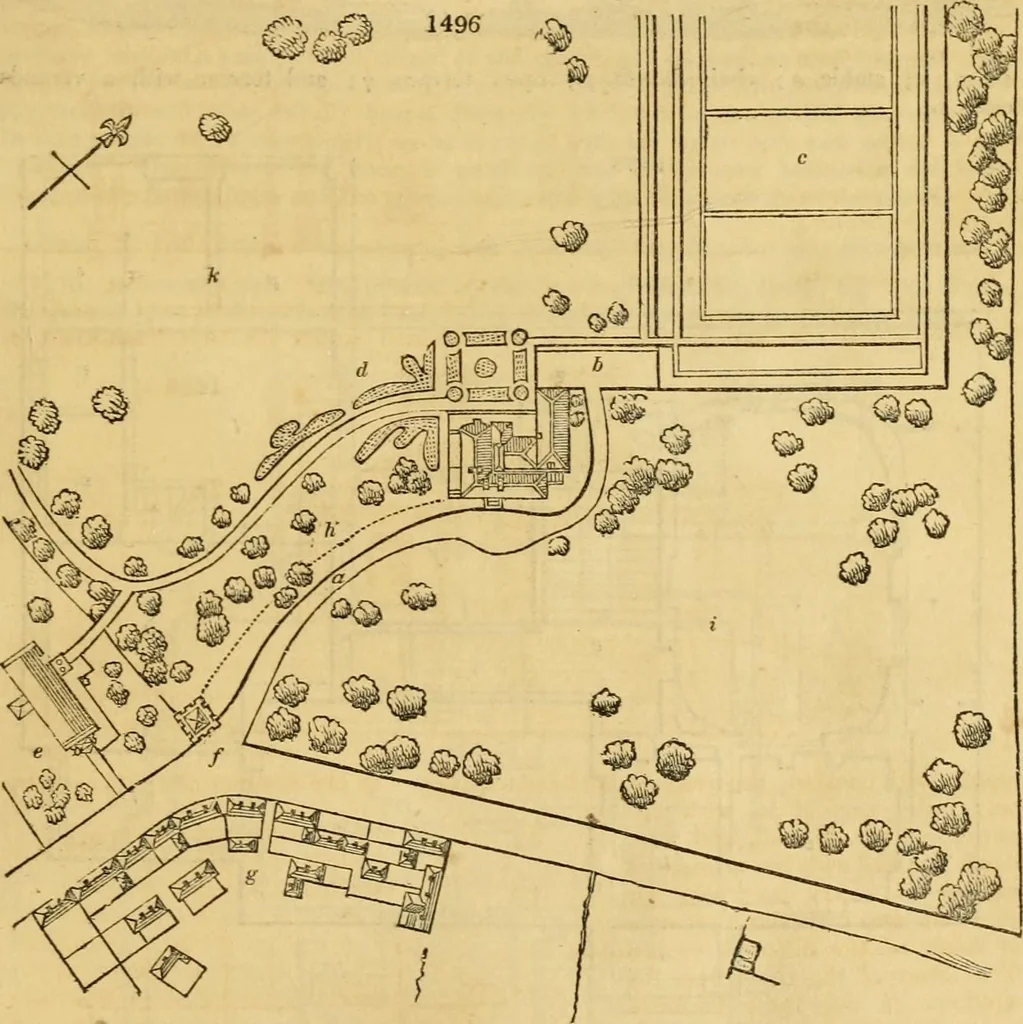An illustration from An encyclopædia of cottage, farm, and villa architecture and furniture : containing numerous designs for dwellings from the cottage to the villa including farm houses, farmeries, and other agricultural buildings, several designs for country inns, public houses, and parochial schools, with the requisite fittings-up fixtures and furniture ; and appropriate offices, gardens and garden scenery ; each design accompanied by analytical and critical marks illustrative of the principles of archtiectural science and taste on whihc it is composed, 1836, leaf 876