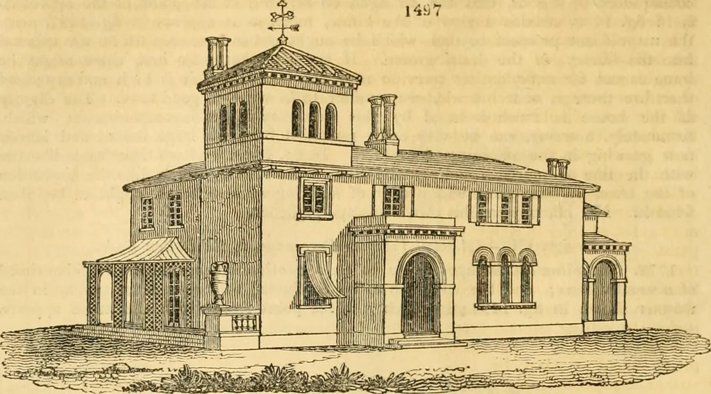 An illustration from An encyclopædia of cottage, farm, and villa architecture and furniture : containing numerous designs for dwellings from the cottage to the villa including farm houses, farmeries, and other agricultural buildings, several designs for country inns, public houses, and parochial schools, with the requisite fittings-up fixtures and furniture ; and appropriate offices, gardens and garden scenery ; each design accompanied by analytical and critical marks illustrative of the principles of archtiectural science and taste on whihc it is composed, 1836, leaf 877