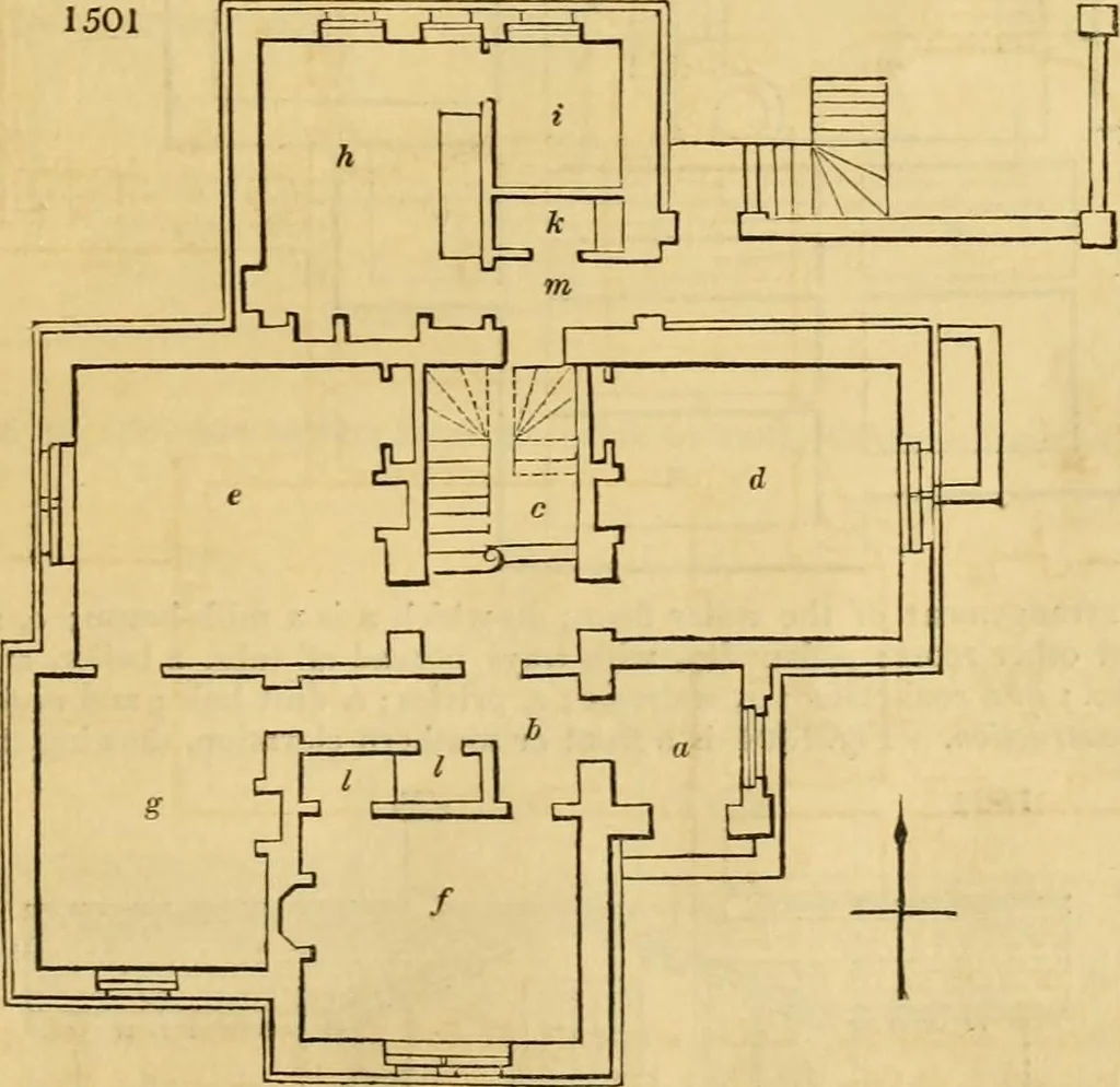 An illustration from An encyclopædia of cottage, farm, and villa architecture and furniture : containing numerous designs for dwellings from the cottage to the villa including farm houses, farmeries, and other agricultural buildings, several designs for country inns, public houses, and parochial schools, with the requisite fittings-up fixtures and furniture ; and appropriate offices, gardens and garden scenery ; each design accompanied by analytical and critical marks illustrative of the principles of archtiectural science and taste on whihc it is composed, 1836, leaf 878