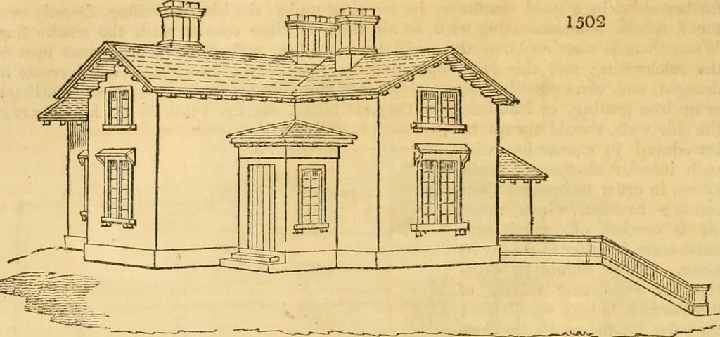 An illustration from An encyclopædia of cottage, farm, and villa architecture and furniture : containing numerous designs for dwellings from the cottage to the villa including farm houses, farmeries, and other agricultural buildings, several designs for country inns, public houses, and parochial schools, with the requisite fittings-up fixtures and furniture ; and appropriate offices, gardens and garden scenery ; each design accompanied by analytical and critical marks illustrative of the principles of archtiectural science and taste on whihc it is composed, 1836, leaf 879