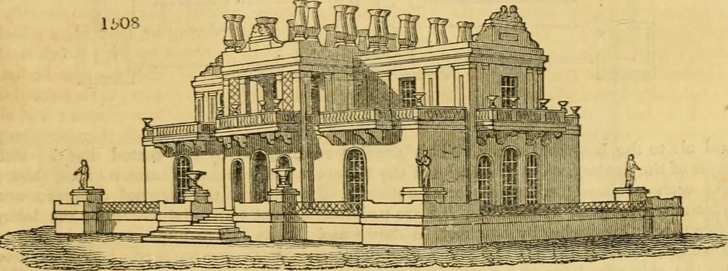 An illustration from An encyclopædia of cottage, farm, and villa architecture and furniture : containing numerous designs for dwellings from the cottage to the villa including farm houses, farmeries, and other agricultural buildings, several designs for country inns, public houses, and parochial schools, with the requisite fittings-up fixtures and furniture ; and appropriate offices, gardens and garden scenery ; each design accompanied by analytical and critical marks illustrative of the principles of archtiectural science and taste on whihc it is composed, 1836, leaf 882